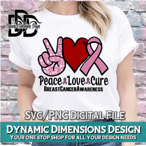 Peace Love Cure Breast Cancer svg, png, instant download, dxf, eps, pdf, jpg, cricut, silhouette, sublimtion, printable