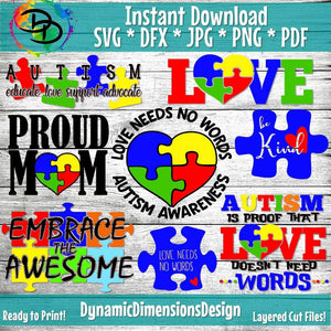 Autism Bundle svg, png, instant download, dxf, eps, pdf, jpg, cricut, silhouette, sublimtion, printable